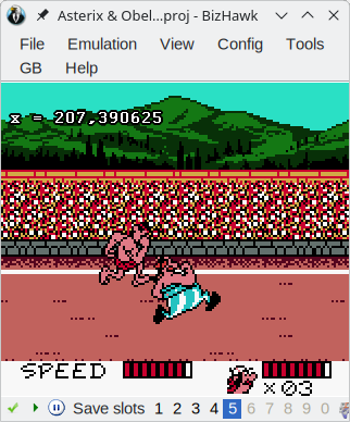 Une capture d’écran de l’émulateur qui montre le jeu en action, avec la coordonnée x de l’adversaire par-dessus.